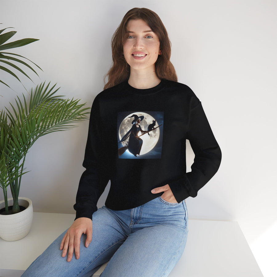 Halloween "Witch Broom Moon and Cat" |Unisex Heavy Blend™ Crewneck Sweatshirt