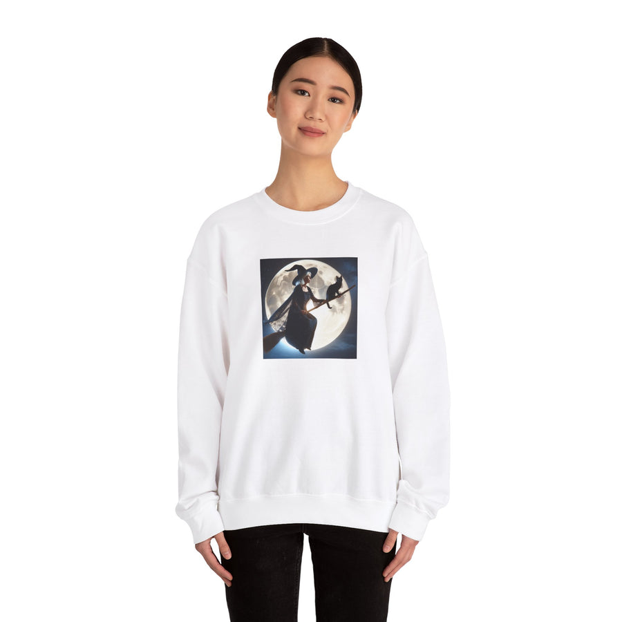 Halloween "Witch Broom Moon and Cat" |Unisex Heavy Blend™ Crewneck Sweatshirt