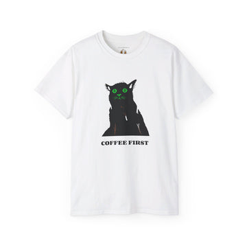 Halloween "Coffee First" Kitty Design | Unisex Ultra Cotton Tee