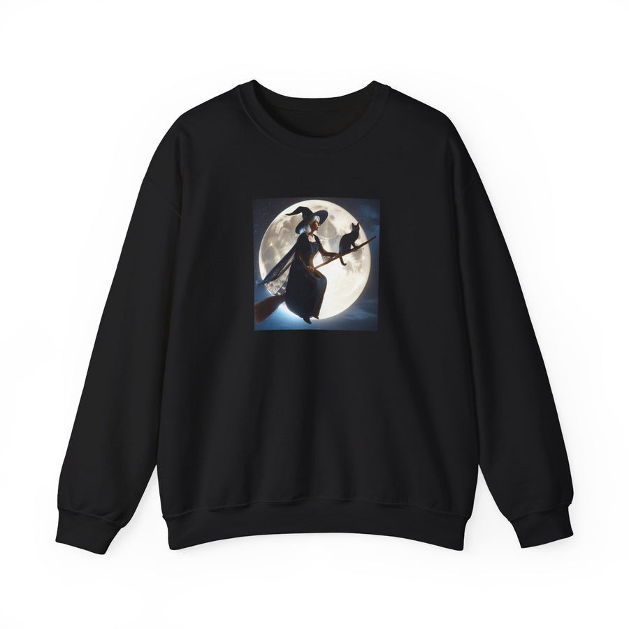 Halloween "Witch Broom Moon and Cat" |Unisex Heavy Blend™ Crewneck Sweatshirt