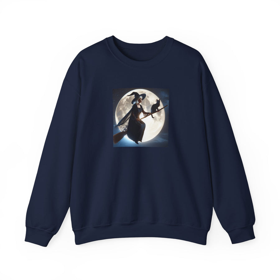 Halloween "Witch Broom Moon and Cat" |Unisex Heavy Blend™ Crewneck Sweatshirt