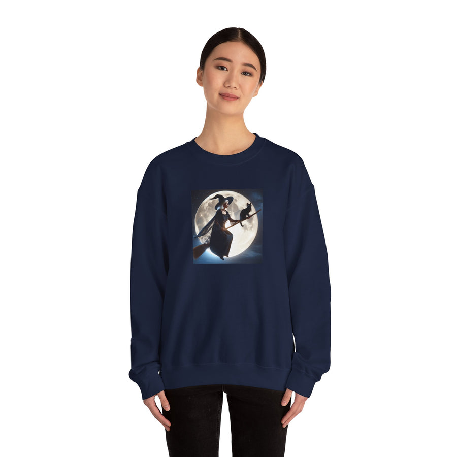 Halloween "Witch Broom Moon and Cat" |Unisex Heavy Blend™ Crewneck Sweatshirt