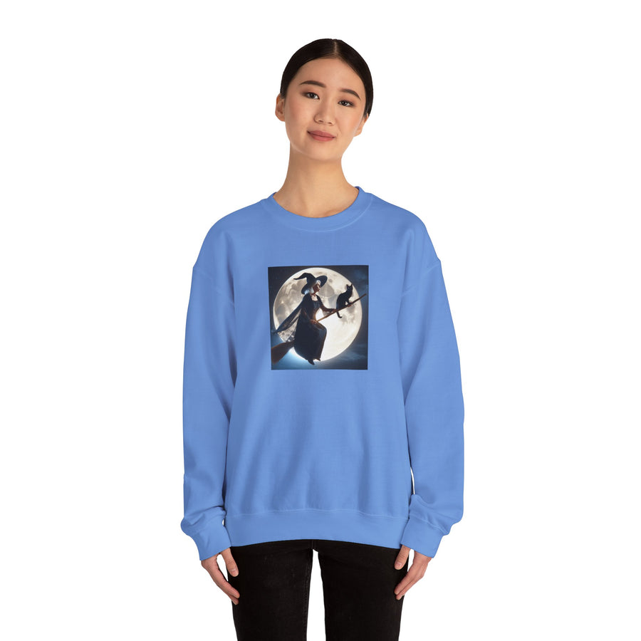 Halloween "Witch Broom Moon and Cat" |Unisex Heavy Blend™ Crewneck Sweatshirt