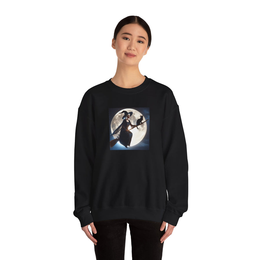 Halloween "Witch Broom Moon and Cat" |Unisex Heavy Blend™ Crewneck Sweatshirt