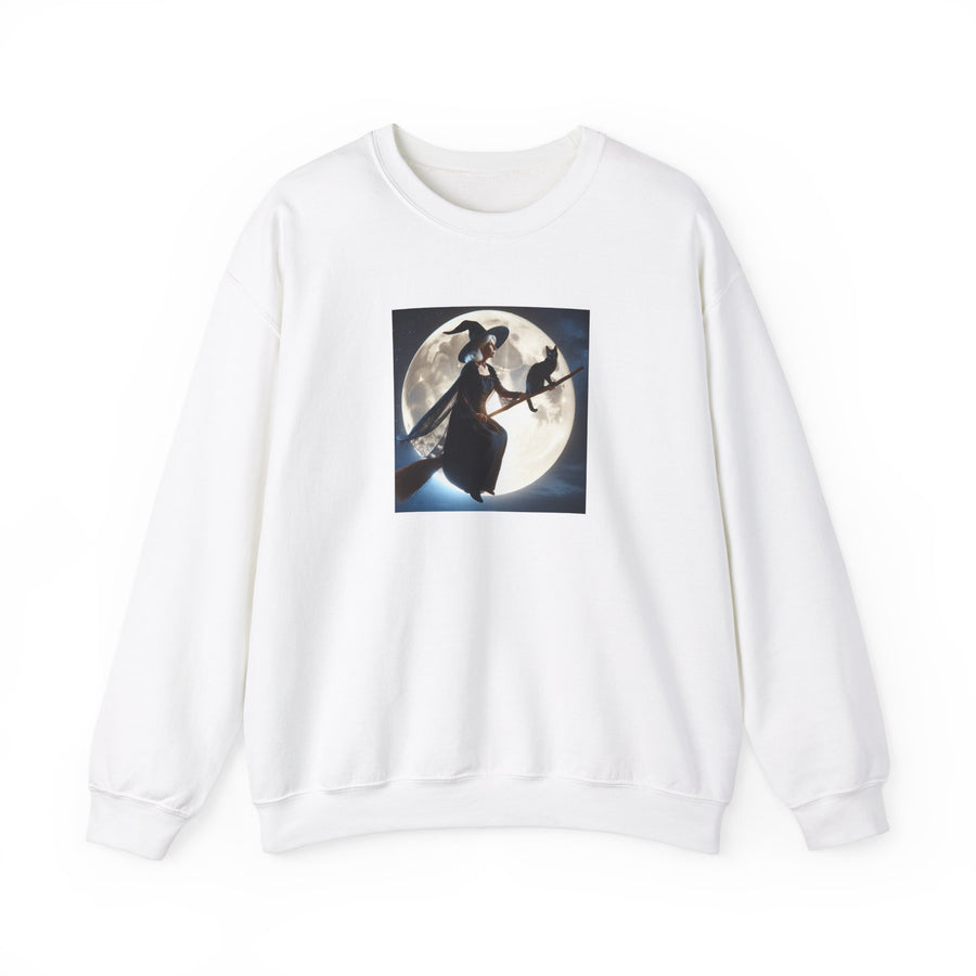 Halloween "Witch Broom Moon and Cat" |Unisex Heavy Blend™ Crewneck Sweatshirt